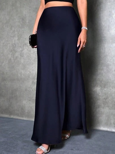 Satin Skirt Autumn Winter Simple A line Long Skirt Women Clothing dark blue