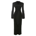 Fall Women Clothing Solid Color Collared Waist Tight Slim Fit Lace up Long Sleeve Zipper Dress Black