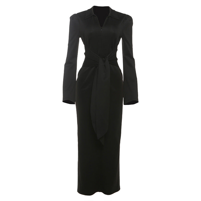 Fall Women Clothing Solid Color Collared Waist Tight Slim Fit Lace up Long Sleeve Zipper Dress Black