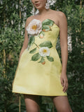 Summer Embroidery Three Dimensional Floral Sleeveless Tube Top Slimming Dress Women Yellow