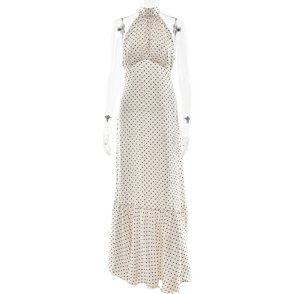 French Halter Polka Dot Satin Dress Sexy Elegant Backless Waist Trimming Dress White