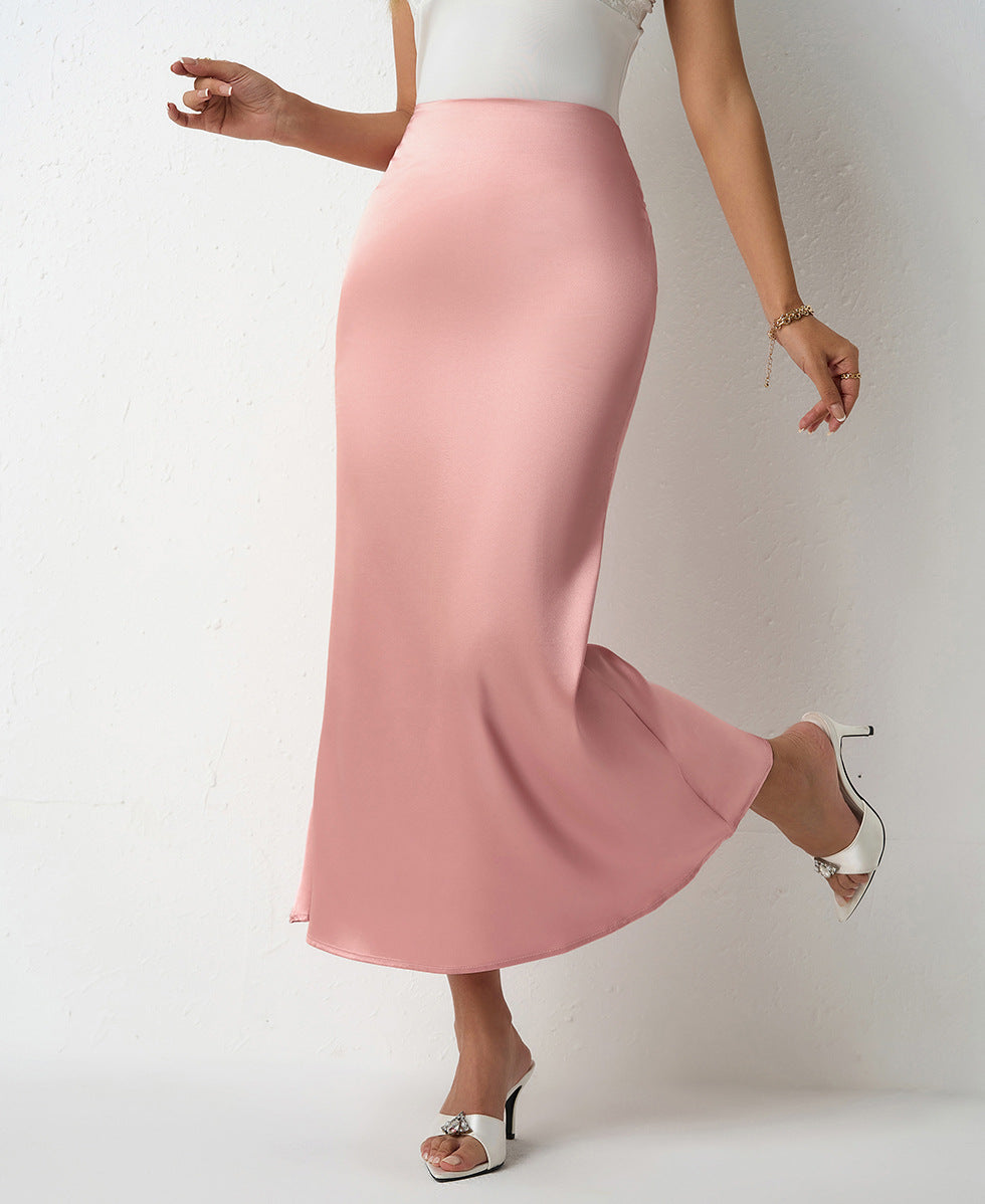 Women Clothing Spring Summer Slim Satin Skirt Satin Mid Length Sheath Fishtail Skirt Pink