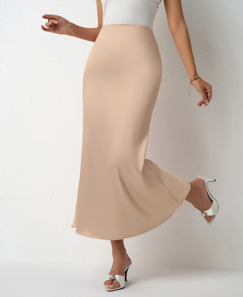 Women Clothing Spring Summer Slim Satin Skirt Satin Mid Length Sheath Fishtail Skirt Light pink