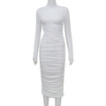 Women Clothing Autumn Crew Neck Long Sleeve Sexy Cutout Pleated Tight Elegant Sheath Dress Women White