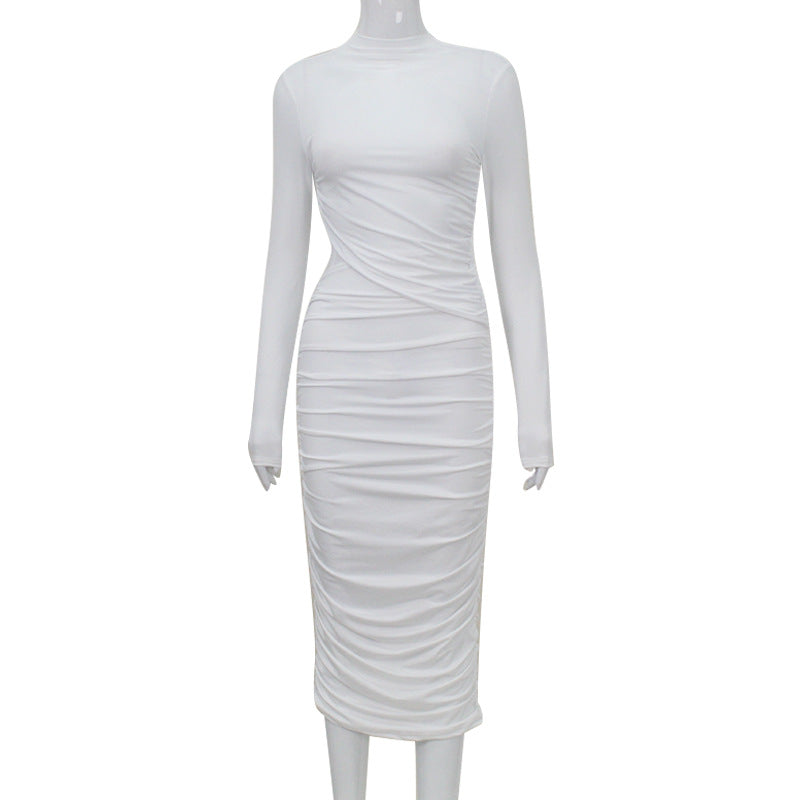 Women Clothing Autumn Crew Neck Long Sleeve Sexy Cutout Pleated Tight Elegant Sheath Dress Women White
