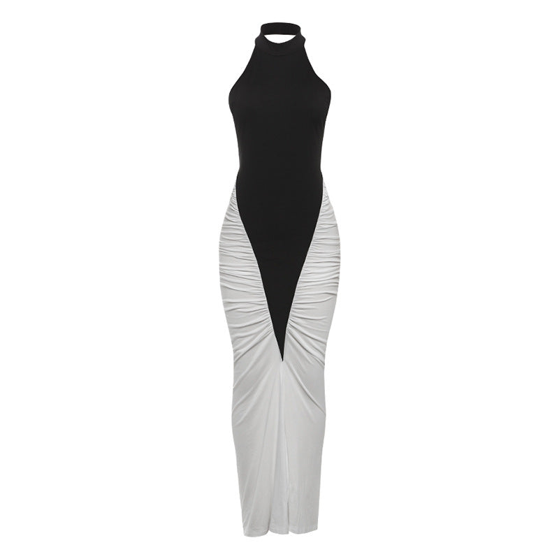 Summer Women Clothing Sexy Halter Backless Pleated Contrast Color Slim Fit Sheath Dress Black
