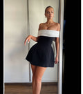 Spring Summer off Shoulder Black White Contrast Color Tight Waist a Swing Design Bow Dress Black