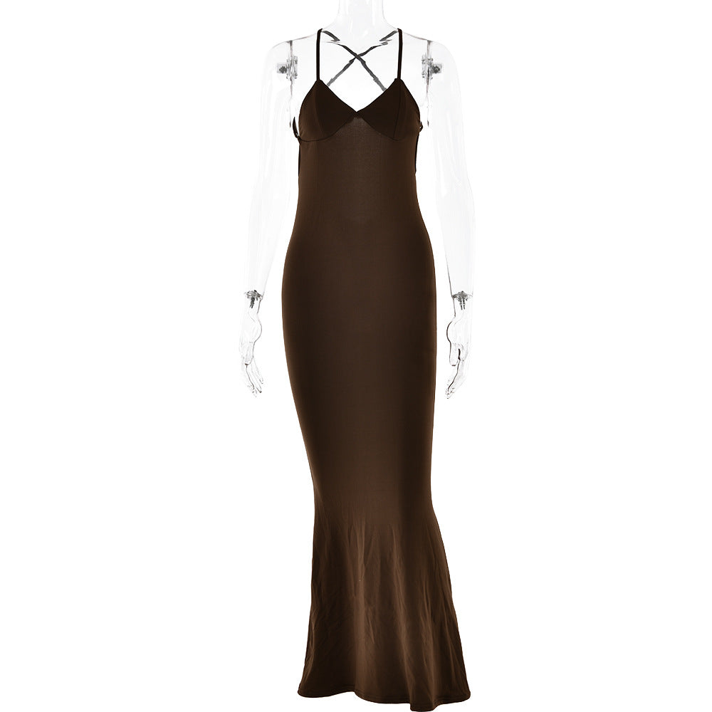 Spring Dress Sexy Trend V neck Backless Slim Fit Sheath Suspender Brown
