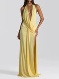 Women Deep V Plunge neck Lace up Backless Sexy Streamers Dress Sexy Maxi Dress Pale Yellow
