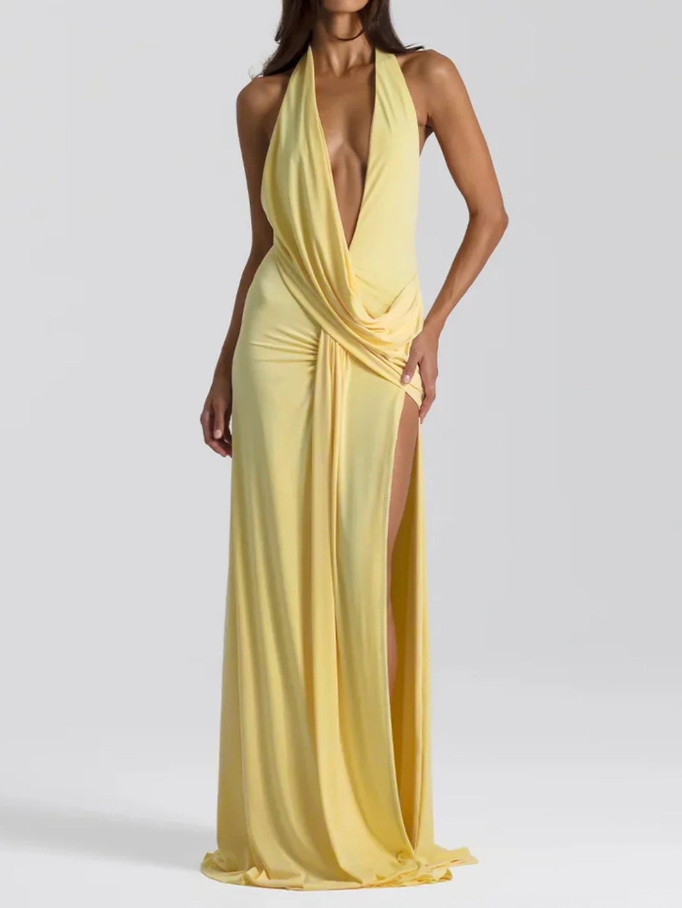 Women Deep V Plunge neck Lace up Backless Sexy Streamers Dress Sexy Maxi Dress Pale Yellow
