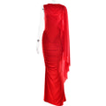 Fashionable Pleated Mesh Shawl Dress Sexy Sheath round Neck Slim Dress Red