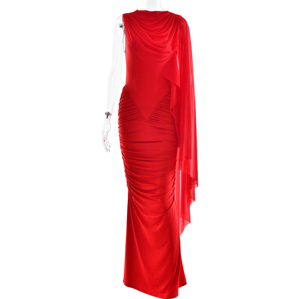 Fashionable Pleated Mesh Shawl Dress Sexy Sheath round Neck Slim Dress Red