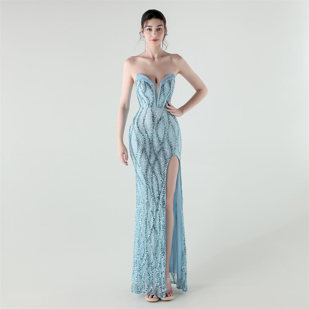 Boning Corset Waist Tight Heavy Industry Beads Heart Shaped Collar Sequined Evening Dress Luxury Cocktail Evening Dress Sky Blue