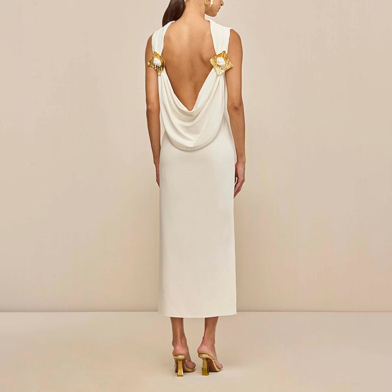 Sexy Lightly Mature Sexy Backless Dress Autumn French Waist Dress Women White
