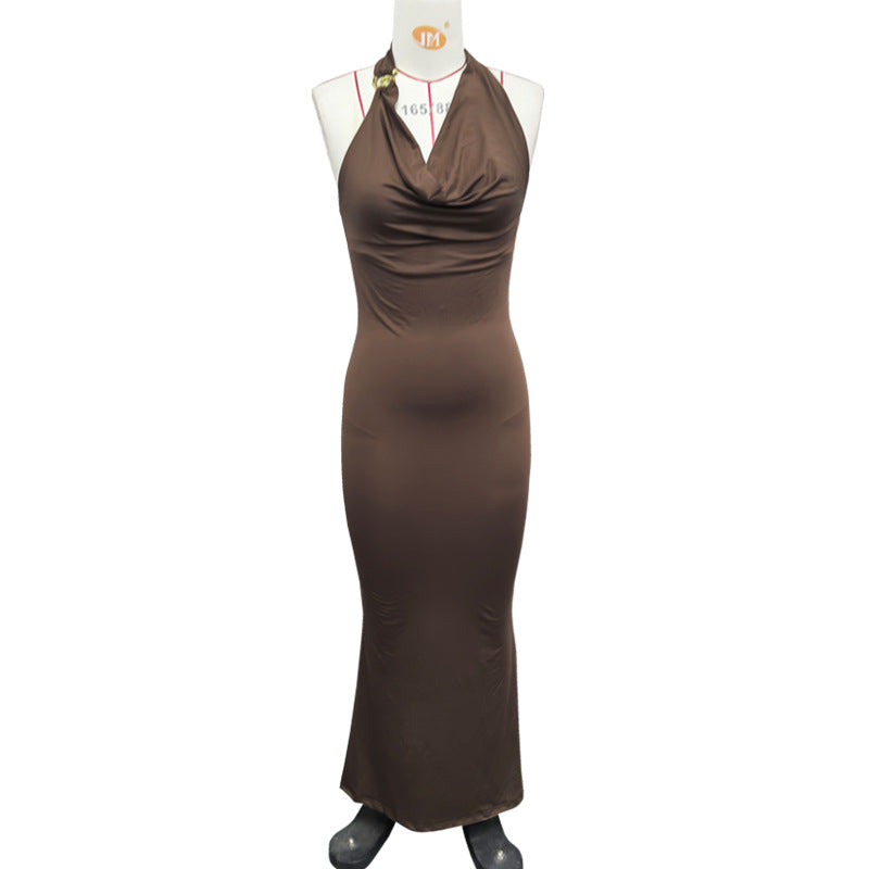 V neck Elegant Halter Dress Women Summer High Grade Sexy Sheath Dress Coffee