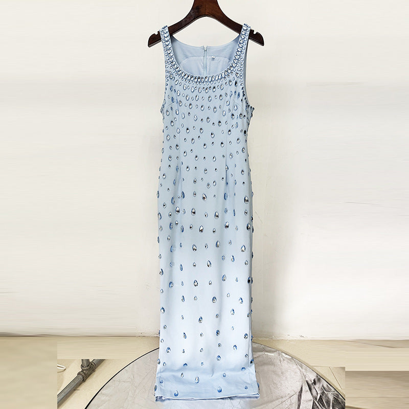 Star Heavy Industry Beads Diamond Elastic Vest Maxi Dress Maxi Dress Light Blue