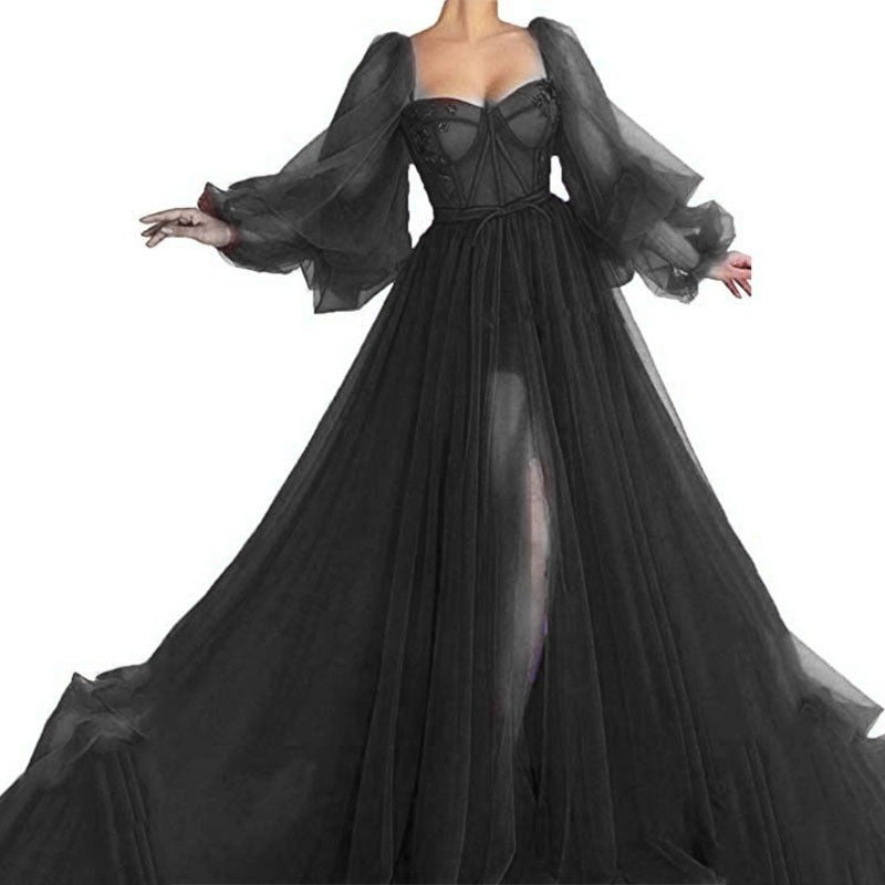 Summer Women Clothing Graceful Fashionable Dress Mesh Split Expansion Dress Wedding Evening Dress Black