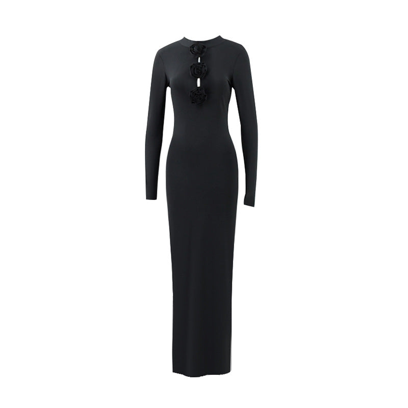 Fall Women Clothing Sexy Cutout Socialite Private Clothing Elegant Three Dimensional Floral Long Sleeve Slim Maxi Dress Black