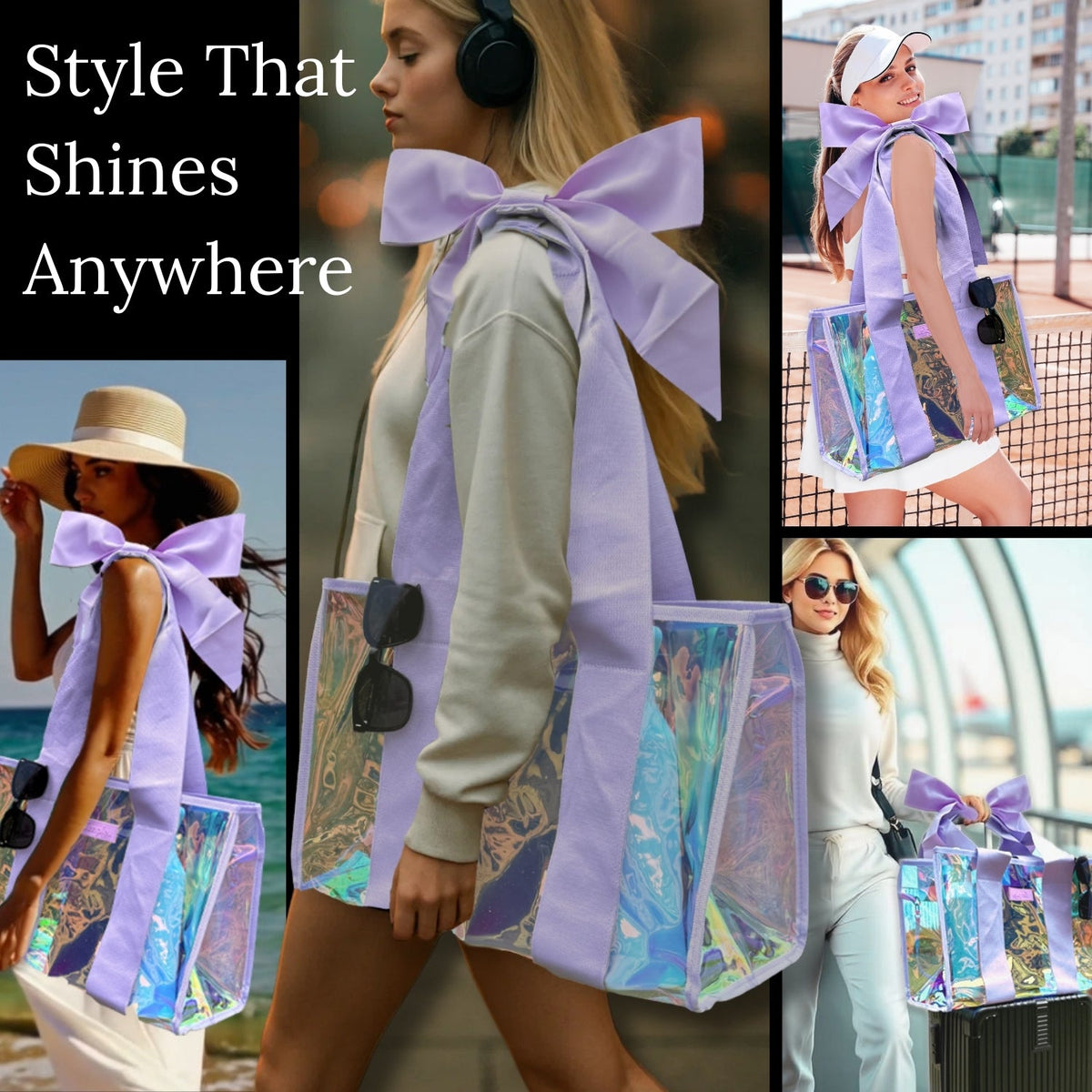 BowMe Prism Bubble Beach Tote with Phone Pouch – Waterproof, Tip-Proof & Foldable (Prism Pink & Purple)