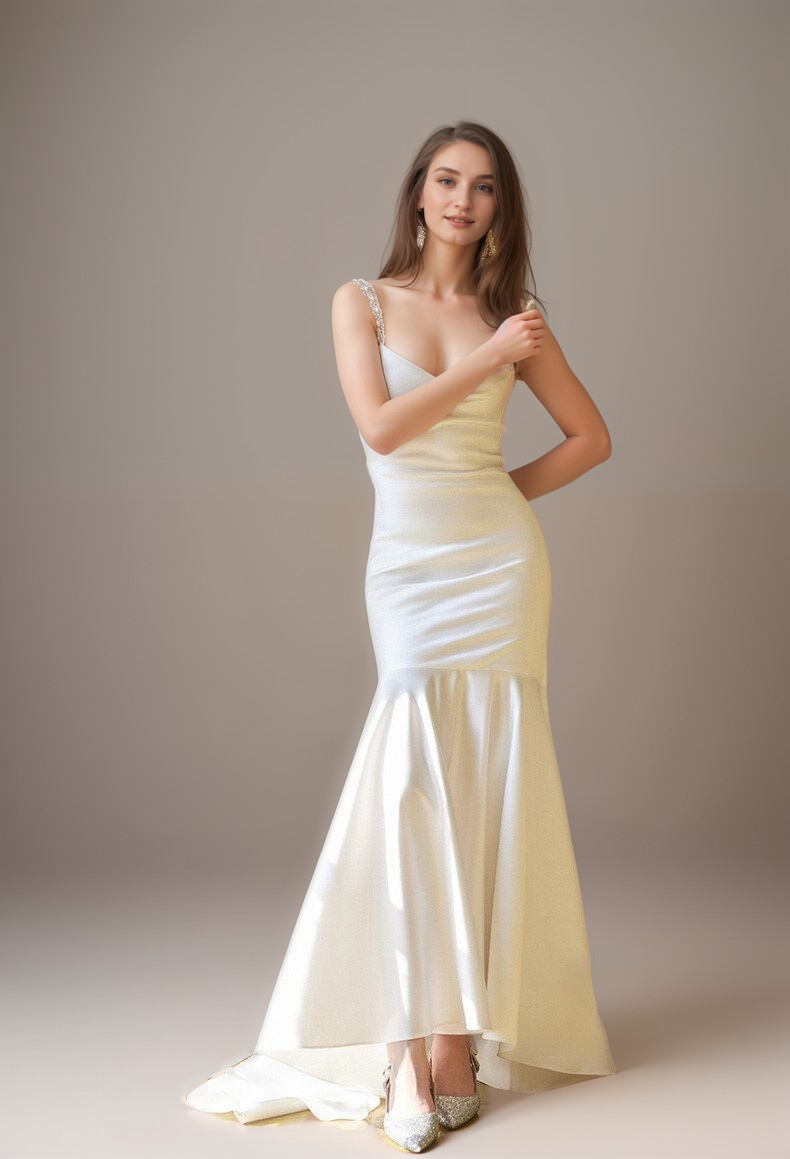 Goddess Style Pearl Beaded Spaghetti-straps Mermaid Satin wedding dress small train Off-white