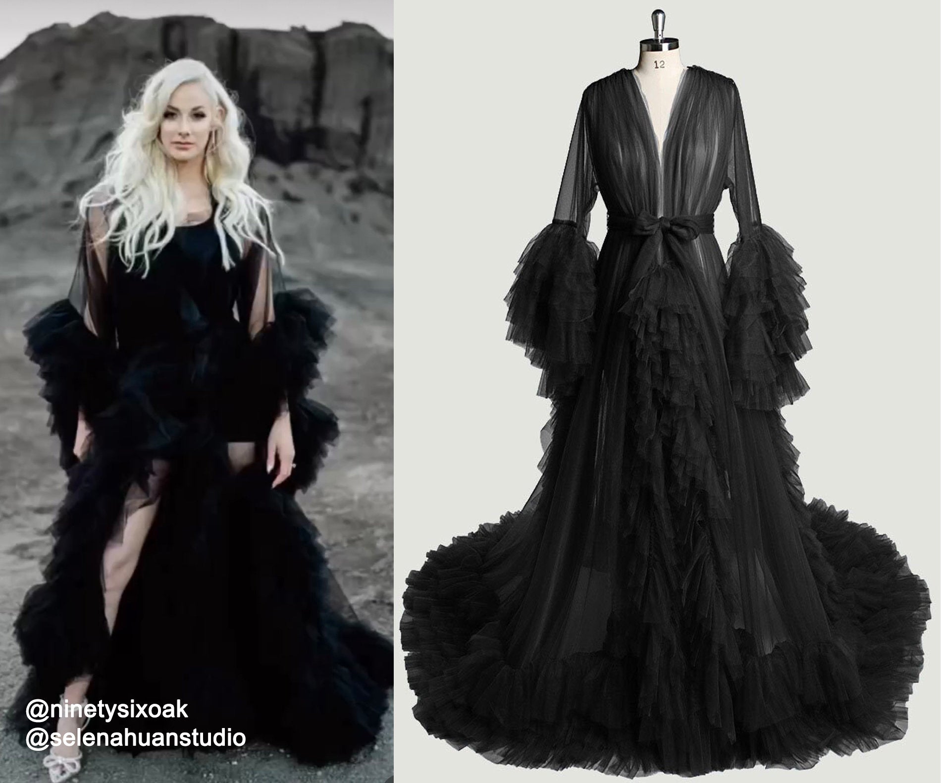 Tulle Ruffled Sleeves Fringe Multi-Color Custom Robe Dress for Theme Photo Shoot Black