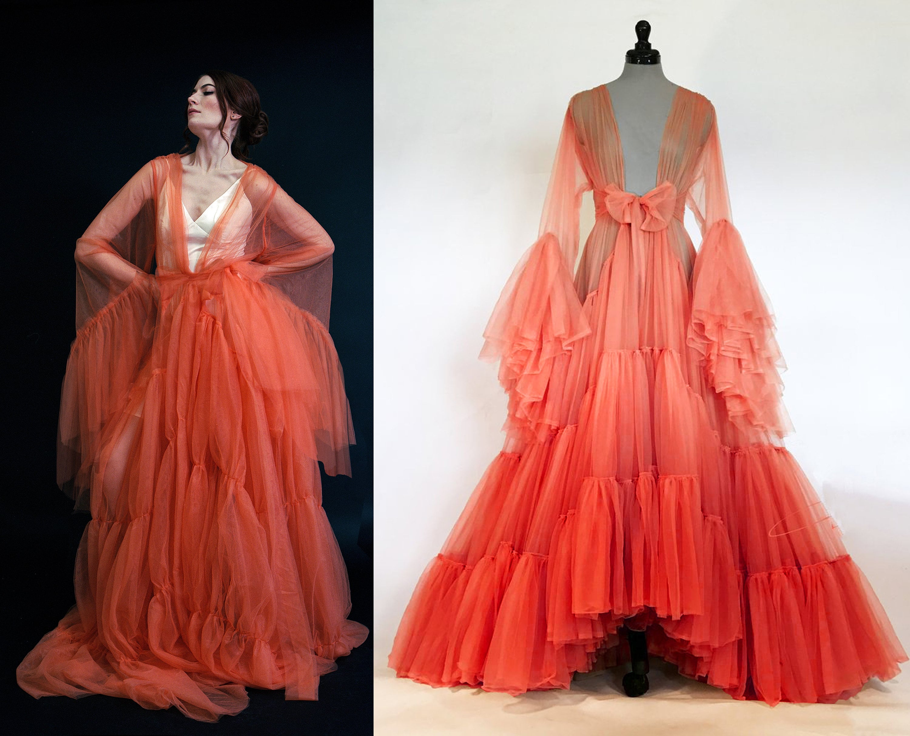 Tulle Ruffled Sleeves Layered Fringe Long Robe Dress Orange