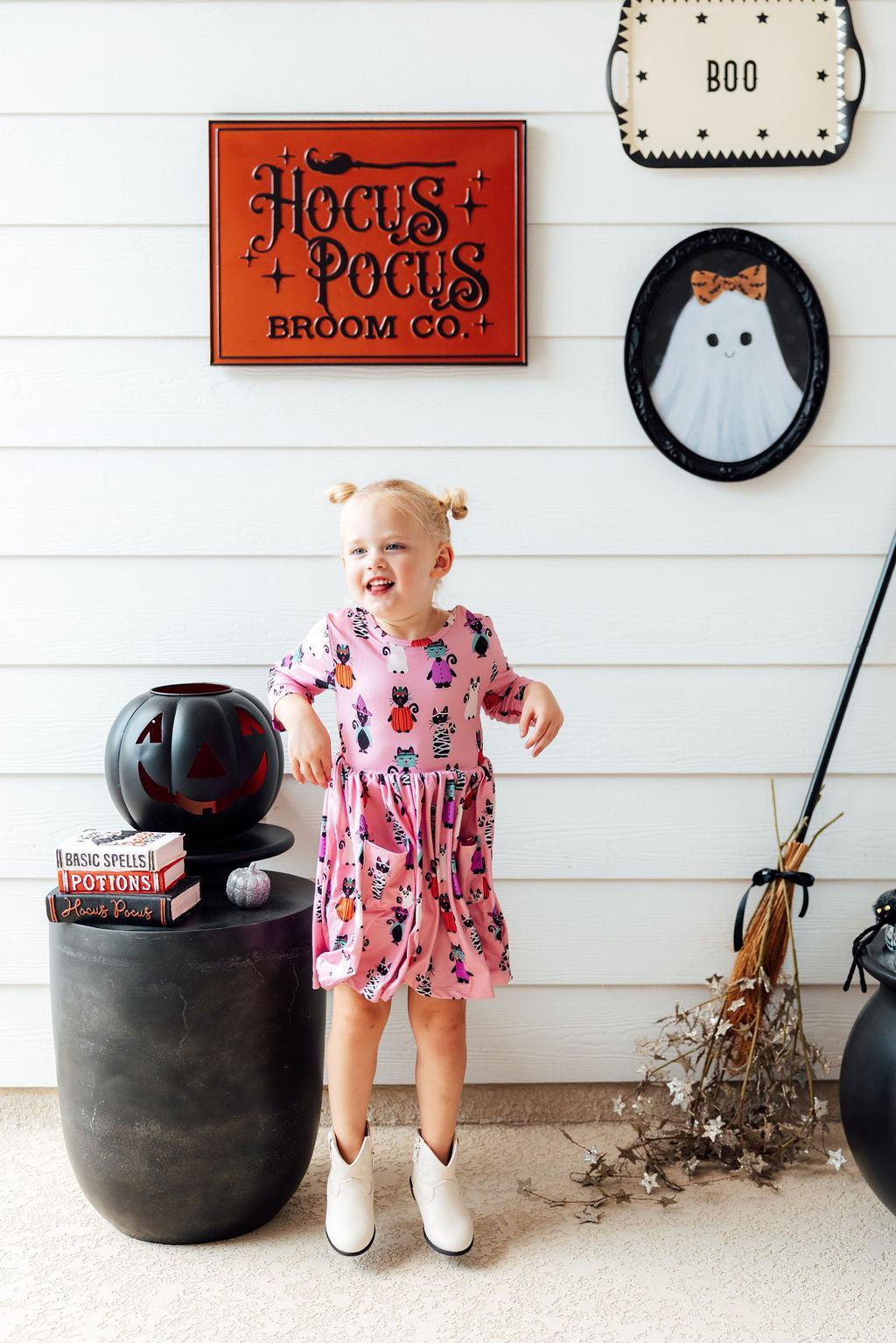 Purr-fectly Spooky 3/4 Sleeve Pocket Twirl Dress