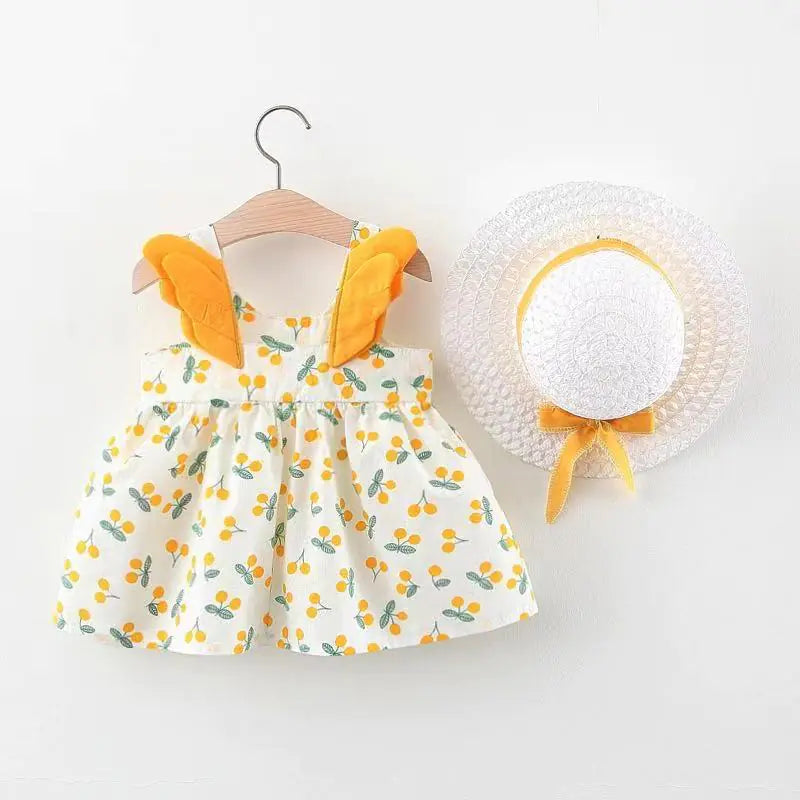 Summer Big Dot Wings Princess Dress with Hat Cherry Wings Yellow 80