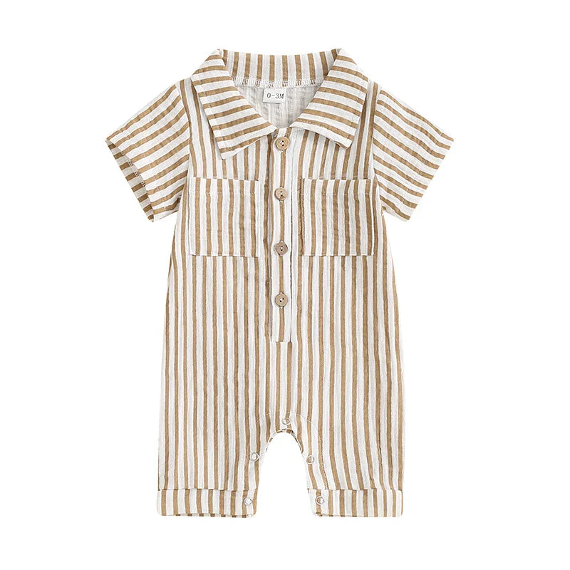 Baby Boy Striped Romper Short Sleeve Front Pocket Single-breasted Button Collar Legs Jumpsuit Beige United States