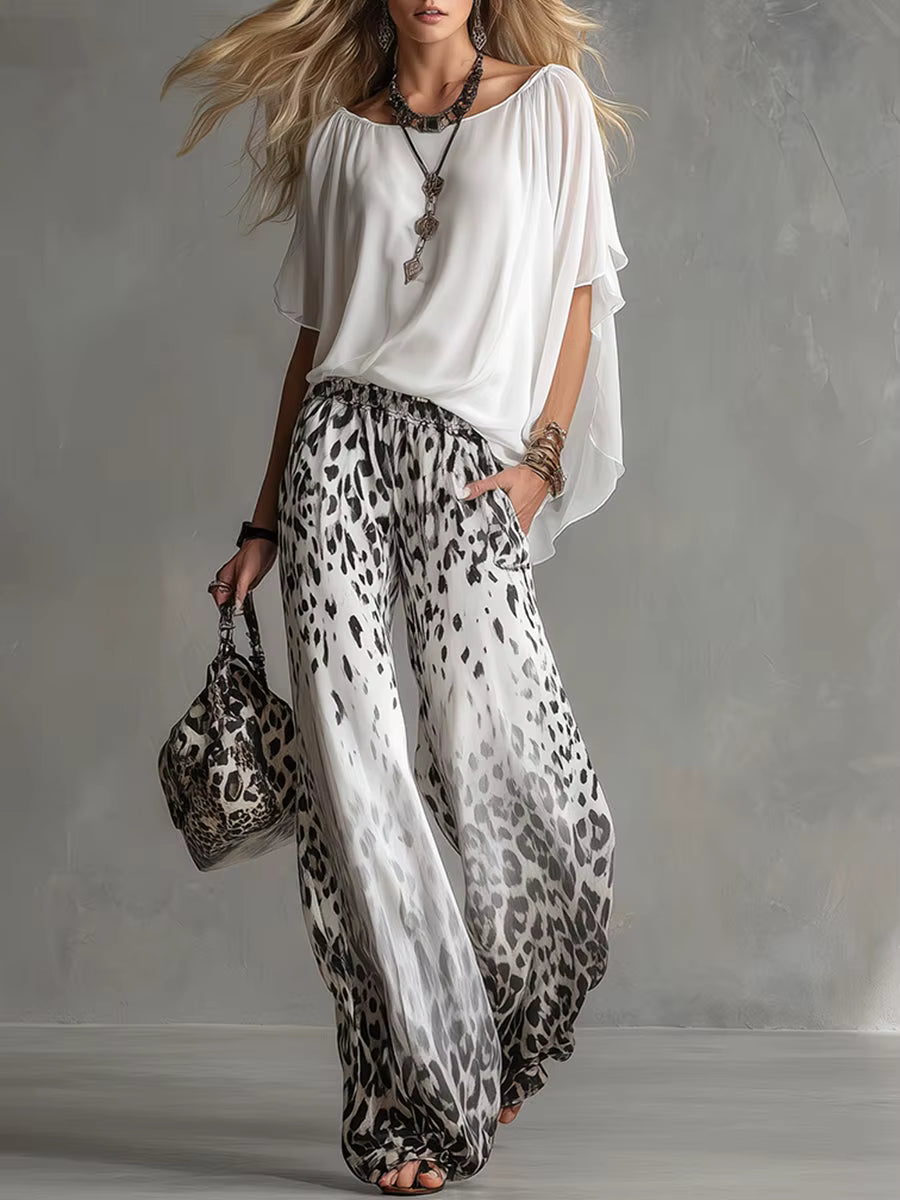 Chiffon Puff-Sleeve Top & Wide-Leg Pants Set – 15 Colors White Style