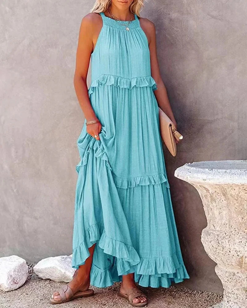 Elegant Apricot Ruffle Maxi Dress Baby blue