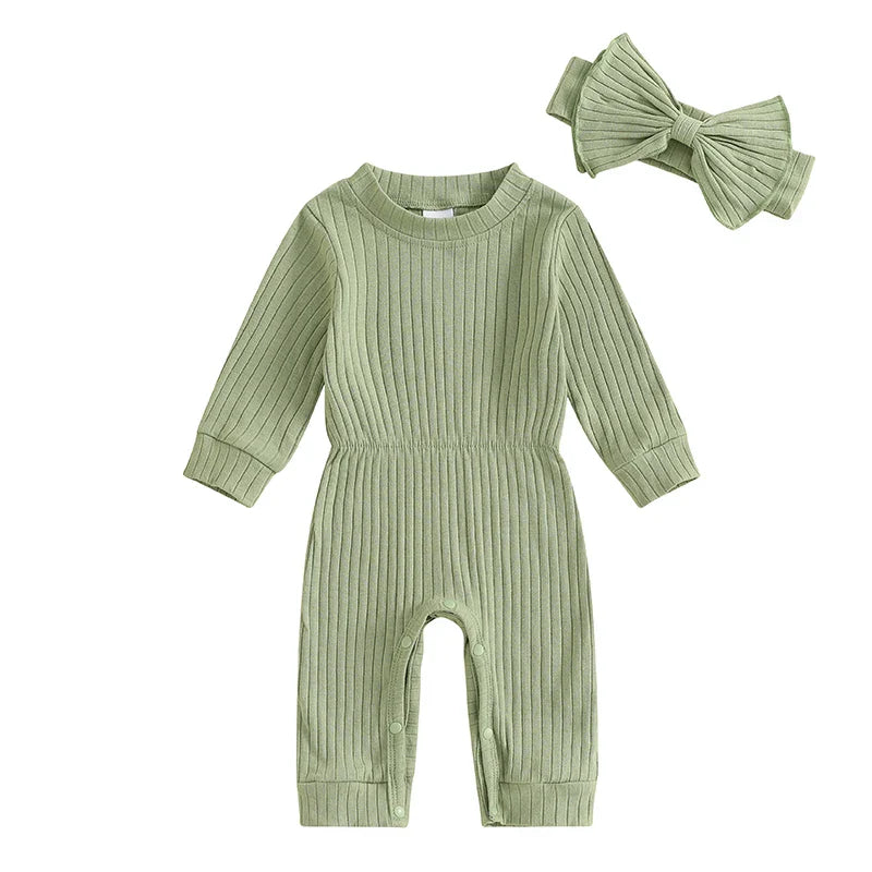 Baby Girls 2Pcs Fall Outfit Long Sleeve Round Neck Ribbed Full Leg Jumpsuit with Headband Set green United States