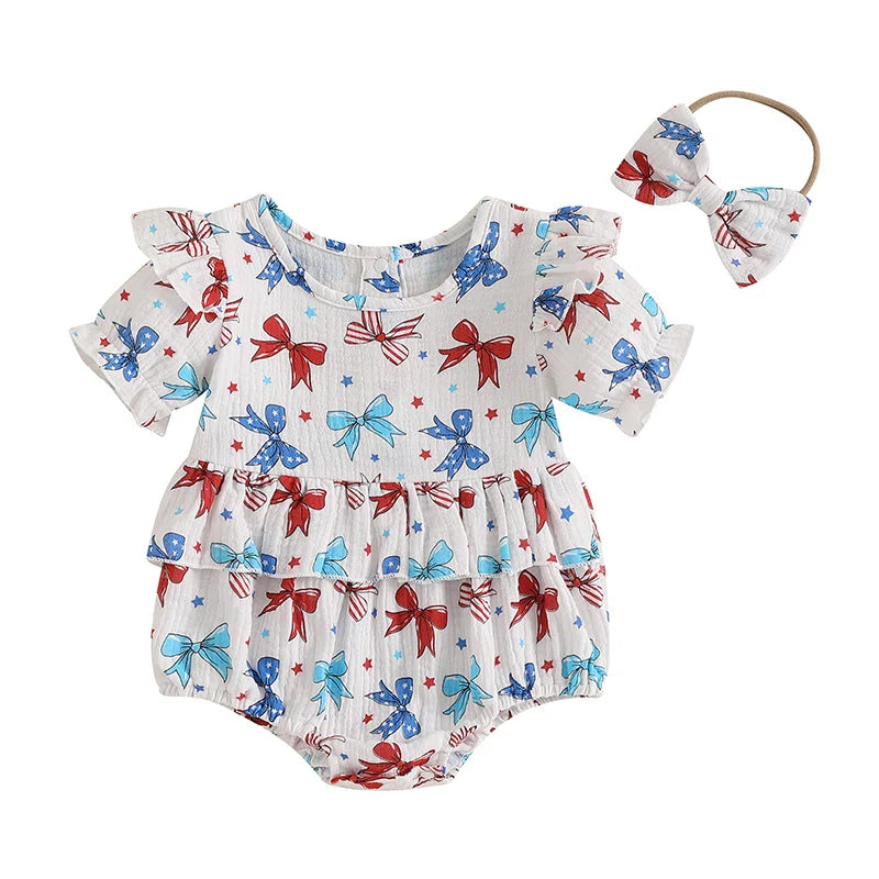 Baby Girl 2Pcs 4th of July Outfit Love Heart Star Pattern Ruffled Crew Neck Short Sleeve Romper & Bow Headband Set Bows United States