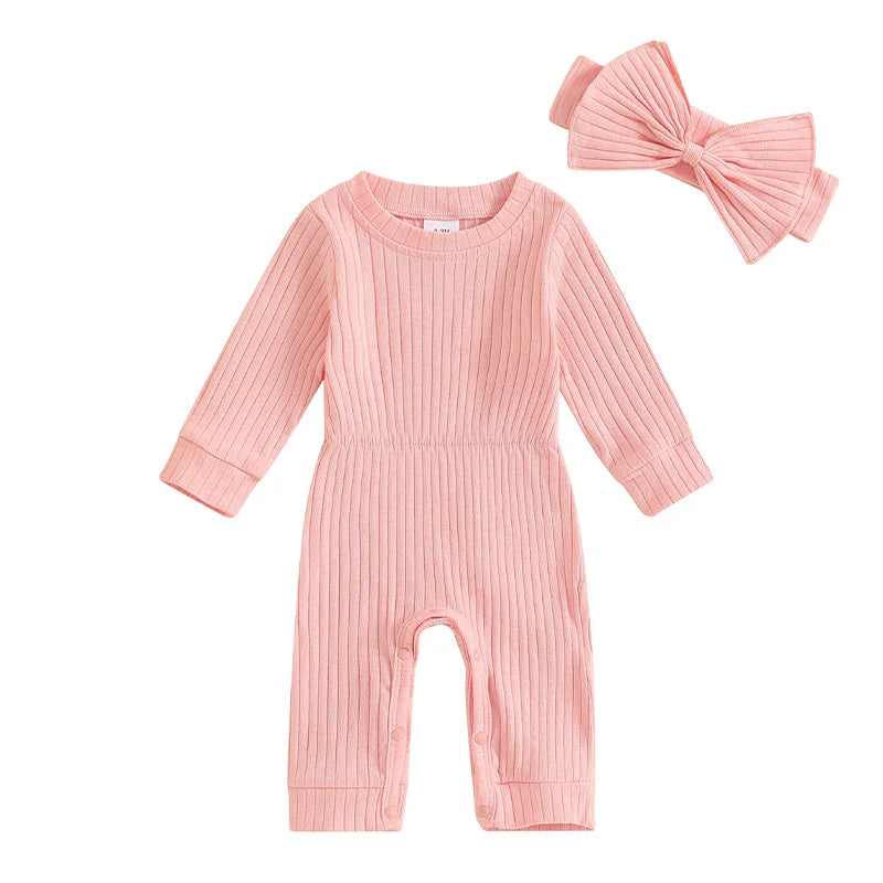 Baby Girls 2Pcs Fall Outfit Long Sleeve Round Neck Ribbed Full Leg Jumpsuit with Headband Set Pink United States