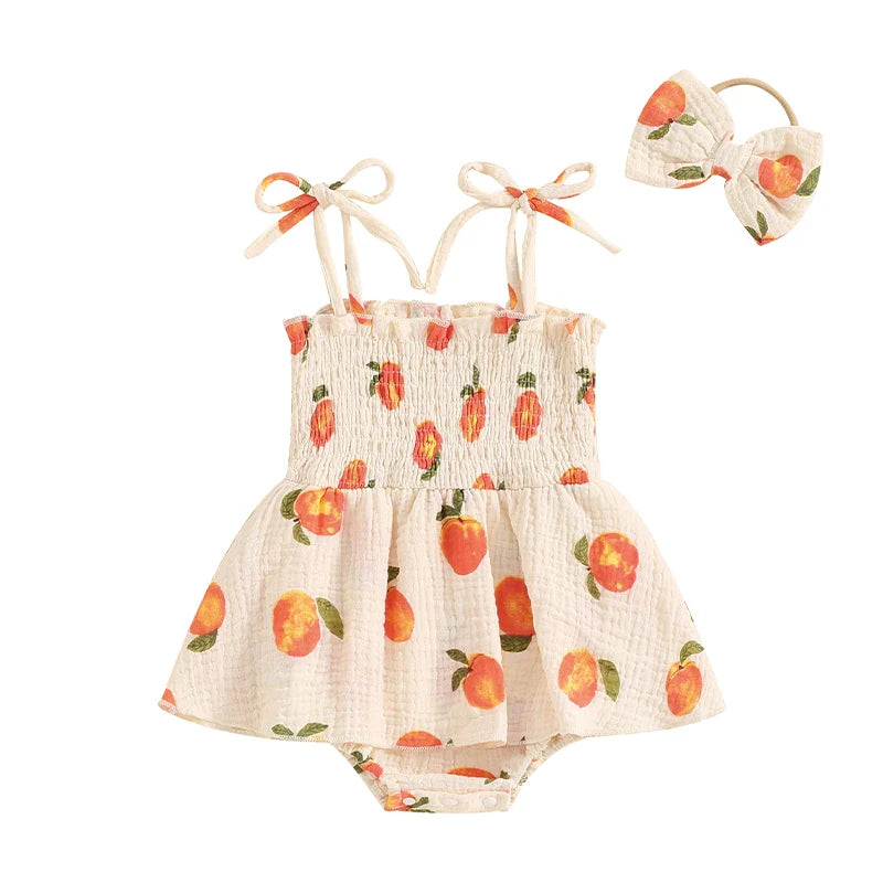 Baby Girls 2Pcs Summer Romper Dress Sleeveless Peach Print Cami Tank Playsuit with Headband Set Beige United States