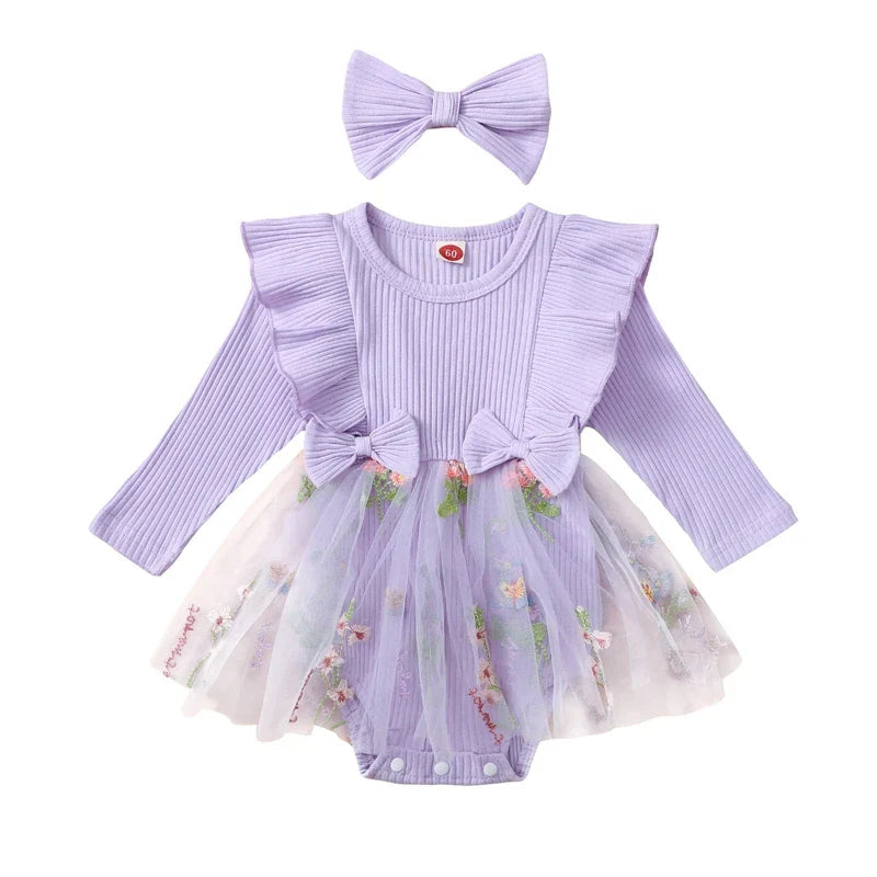 Baby Toddler Girls 2Pcs Outfit Floral Mesh Ruffles Long Sleeve Romper Dress Skirt Tutu and Headband Set Purple United States