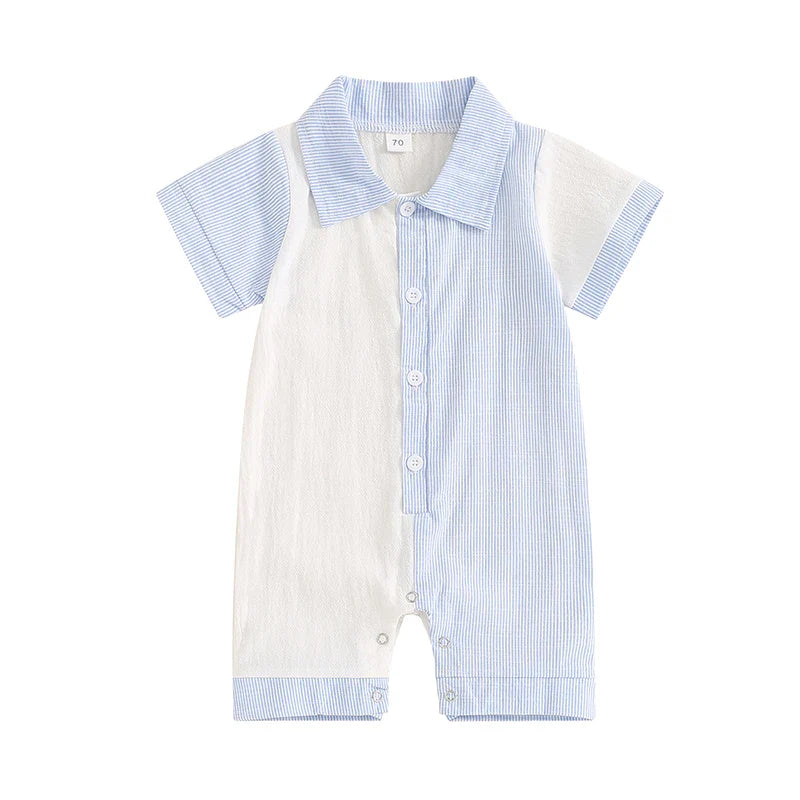 Baby Boy Jumpsuit Summer Short Sleeve Lapel Collar Stripes Contrast Color Print Romper Playsuit Blue + White United States