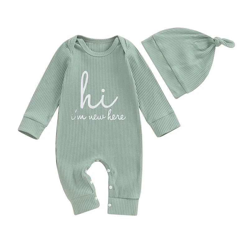 Baby Boys Girls 2Pcs Hi I'm New Here Romper Letter Print Long Sleeve Crew Neck Jumpsuit Bodysuit with Hat Set green United States