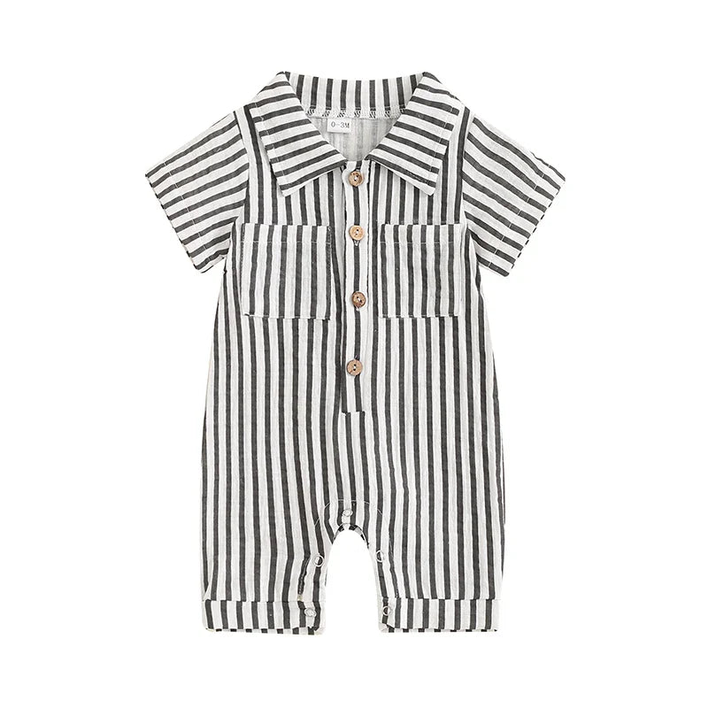 Baby Boy Striped Romper Short Sleeve Front Pocket Single-breasted Button Collar Legs Jumpsuit Black United States