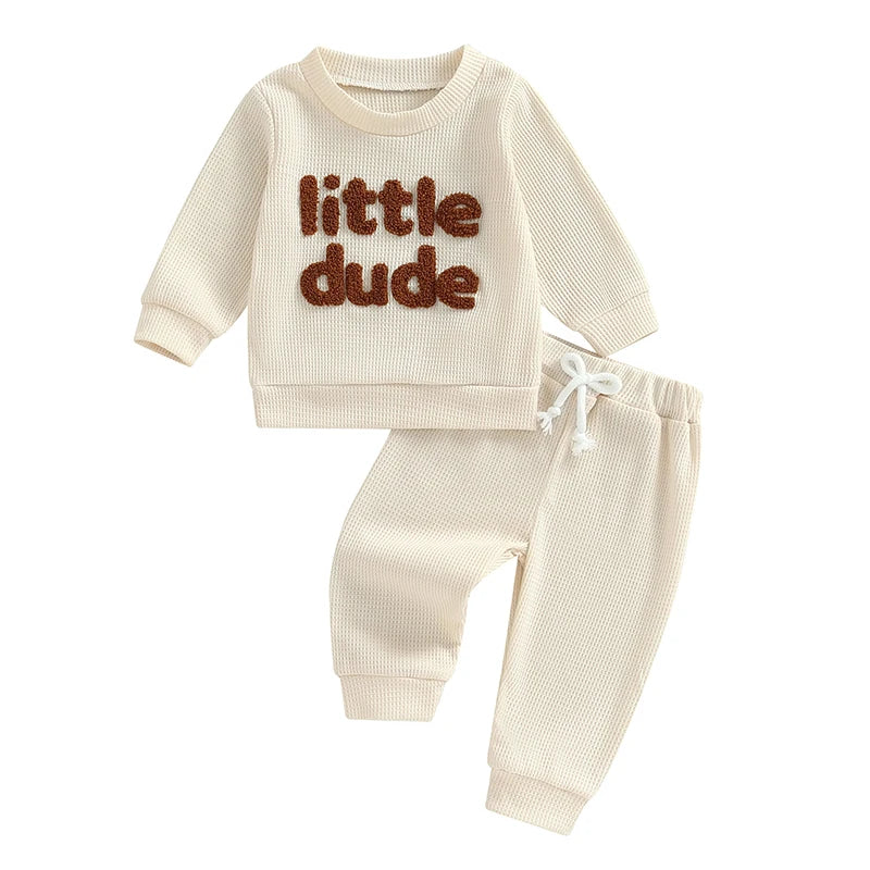 Baby Toddler Boys 2Pcs Little Dude Waffle Outfit Letter Embroidery Long Sleeve Top with Elastic Waist Solid Pants Set Beige United States
