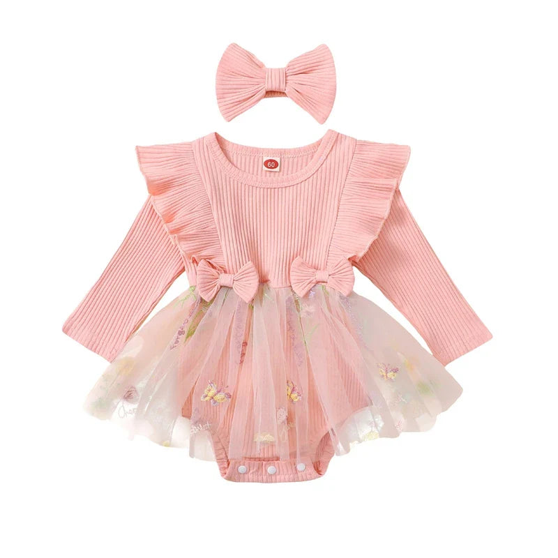 Baby Toddler Girls 2Pcs Outfit Floral Mesh Ruffles Long Sleeve Romper Dress Skirt Tutu and Headband Set Pink United States