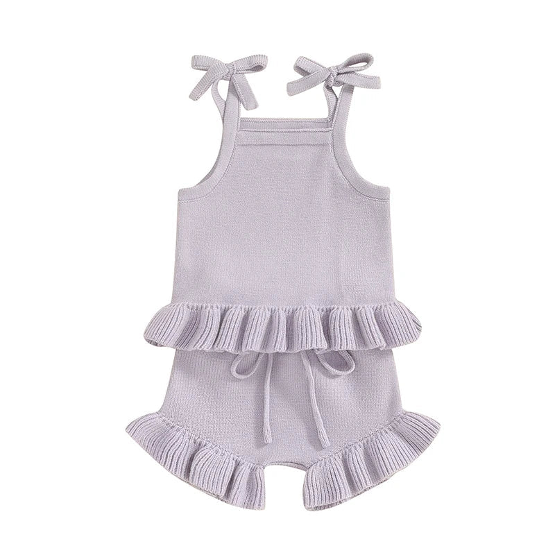 Baby Girl 2Pcs Outfits Knit Solid Color Sleeveless Cami Tank Top Tie with Elastic Waist Shorts Outfit Set Purple United States