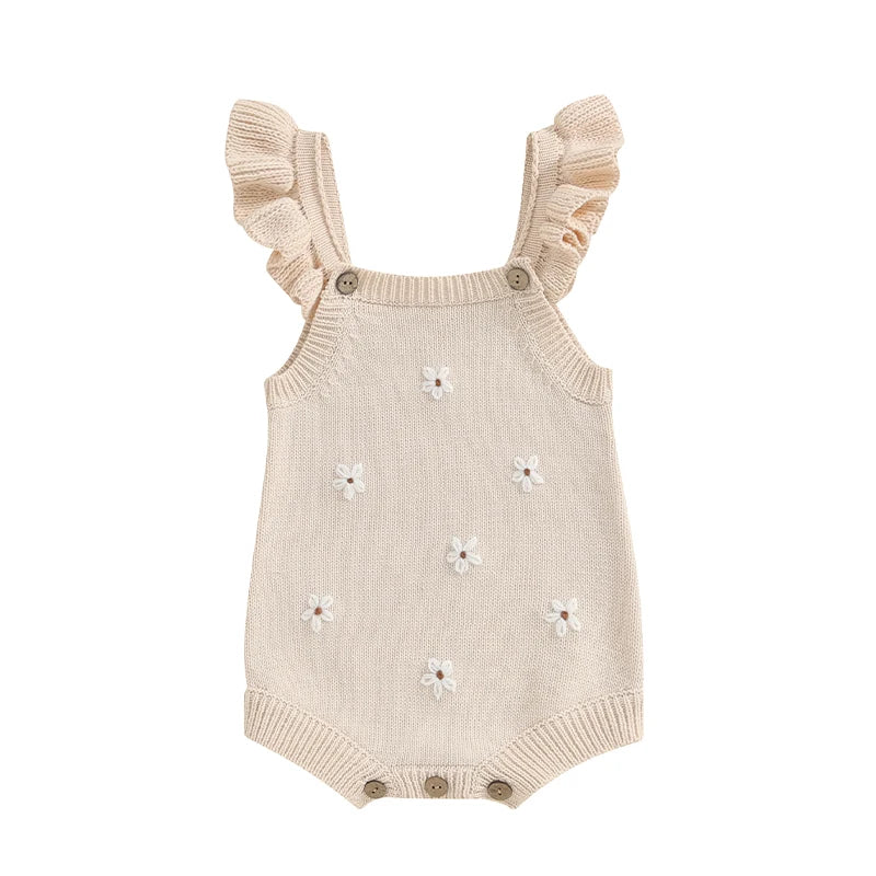 Baby Toddler Girls Knitted Romper Spring Summer Ruffles Floral Embroidery Flowers Jumpsuits Playsuits Clothes Beige United States