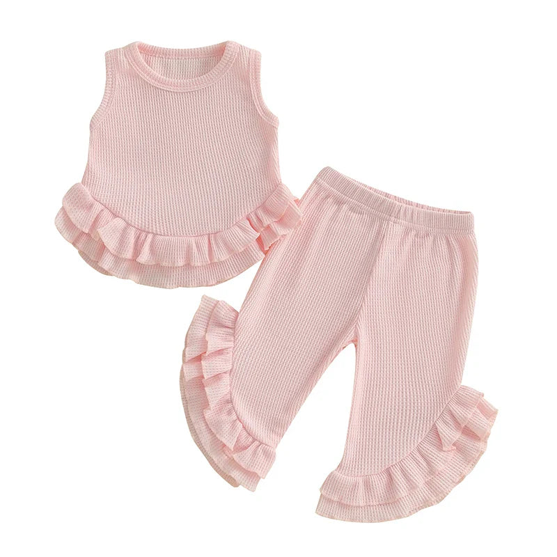 Baby Toddler Girl 2Pcs Summer Outfit Solid Waffle Round Neck Ruffled Tank Top with Long Pants Set Pink United States