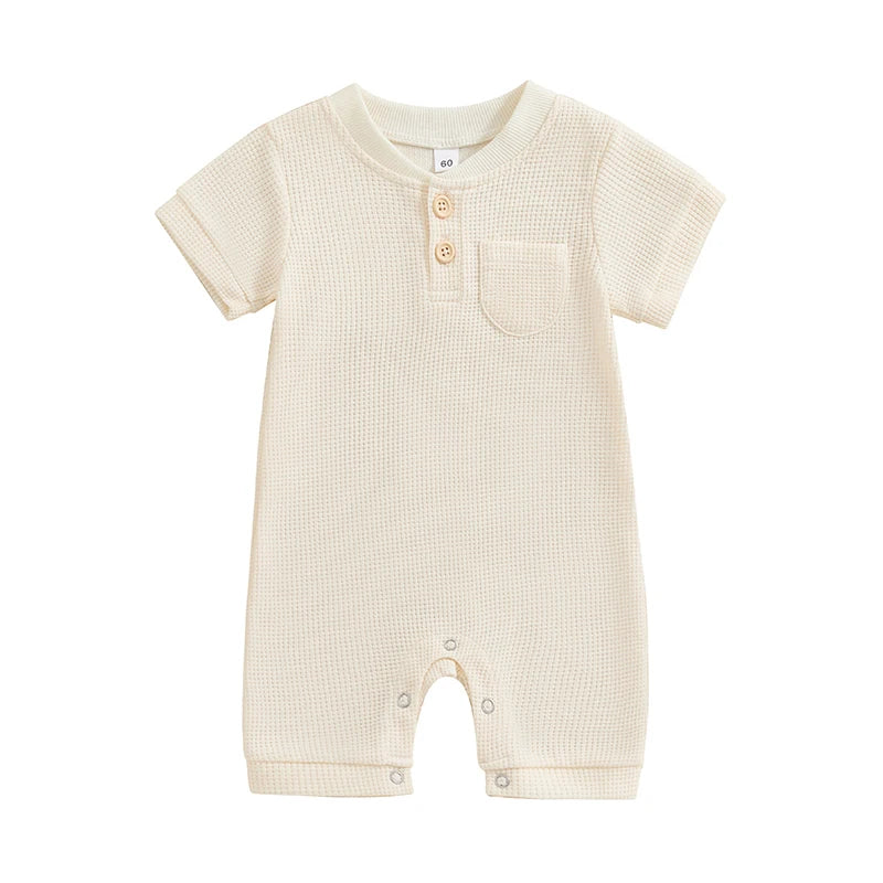 Baby Boy Girl Jumpsuit Summer Short Sleeve Solid Color Waffle Button Romper Playsuit Cream United States