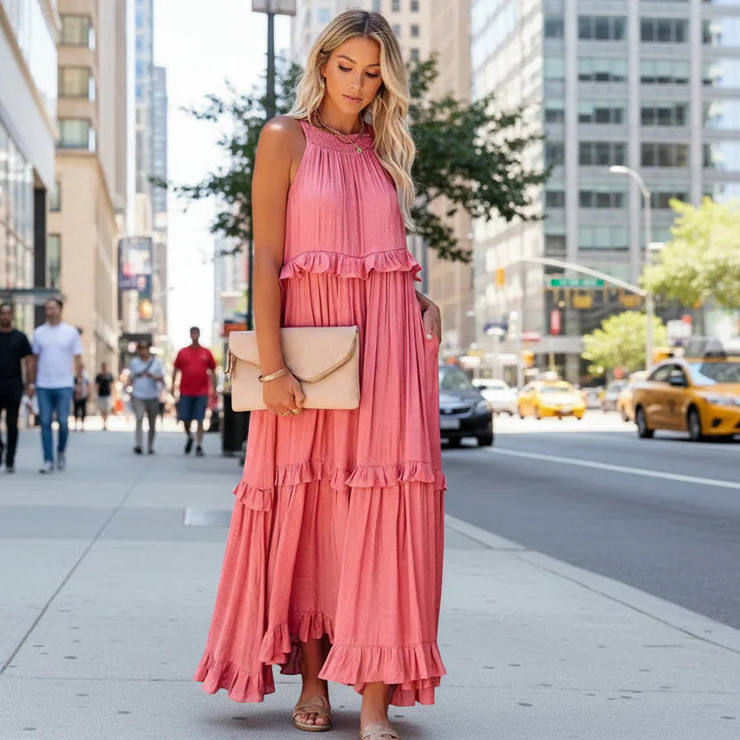 Elegant Apricot Ruffle Maxi Dress pink