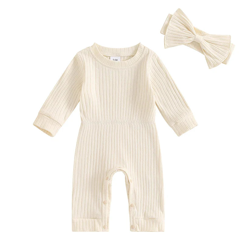Baby Girls 2Pcs Fall Outfit Long Sleeve Round Neck Ribbed Full Leg Jumpsuit with Headband Set Beige United States