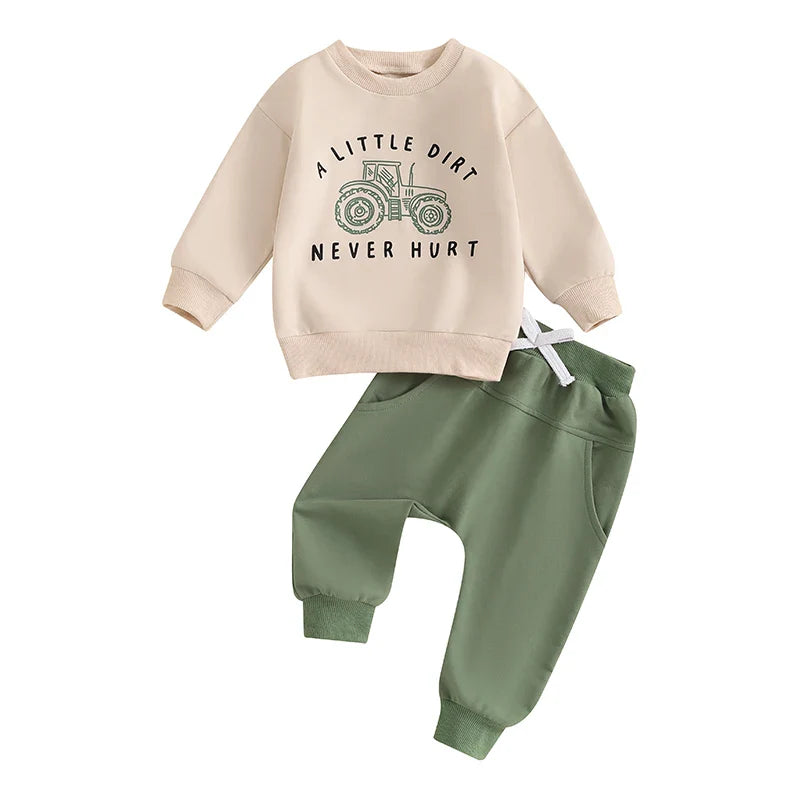 Baby Toddler Boys 2Pcs A Little Dirt Never Hurt Fall Outfit Long Sleeve Tractor Letter Print Top + Pants Set Khaki United States