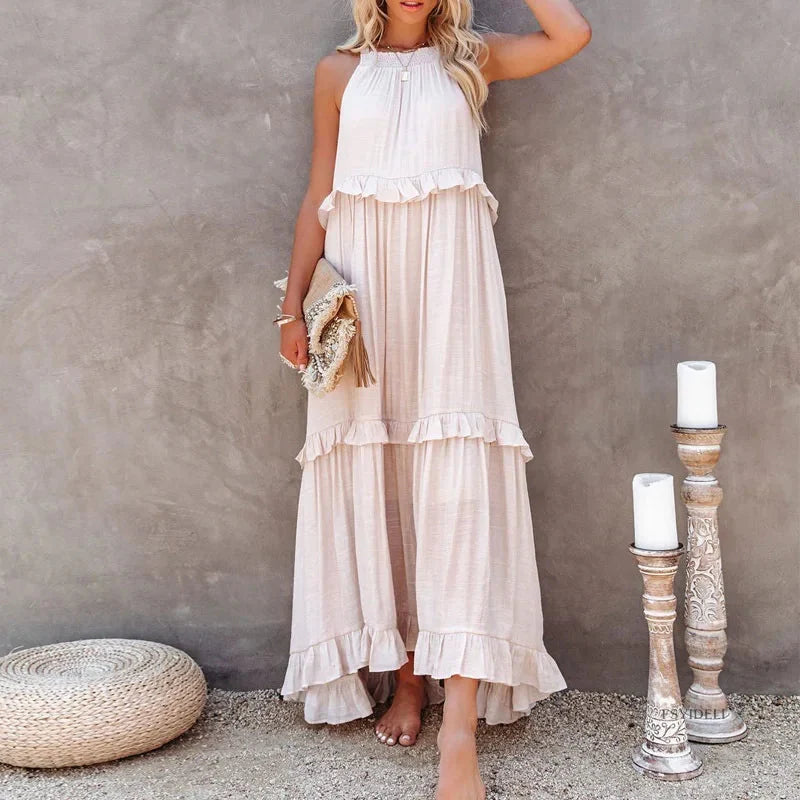 Elegant Apricot Ruffle Maxi Dress apricot