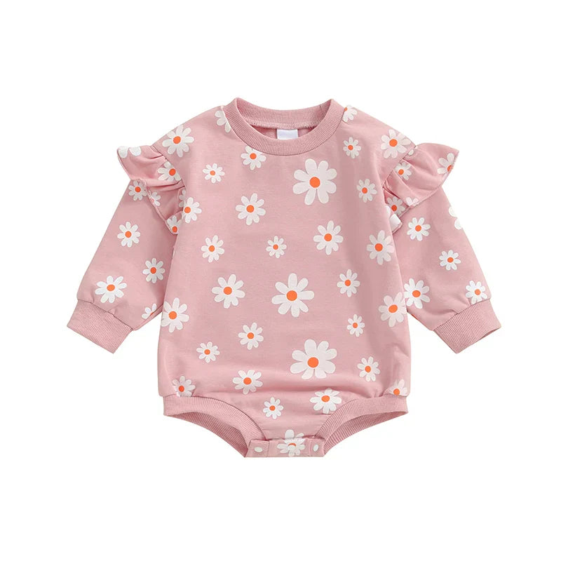 Baby Girl Bubble Romper Flower Daisy Print Round Neck Long Sleeve Jumpsuit Pink United States